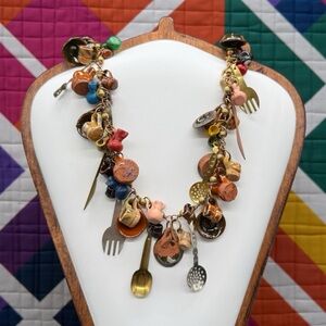 Vintage Mexican Folk Art Charm Necklace Handmade Pottery And Metal